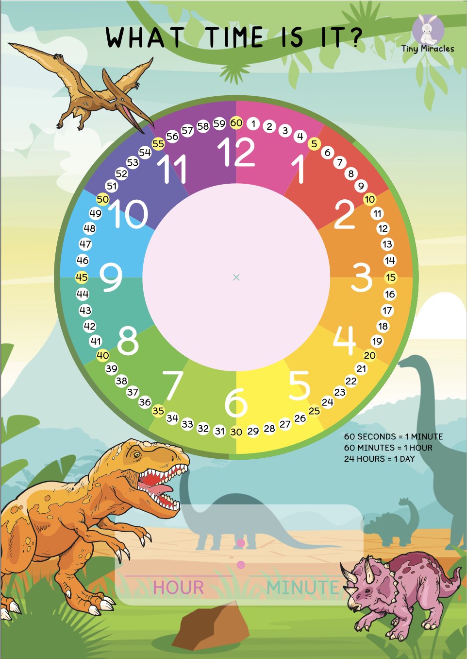Colorful clock with dinosaur illustrations 