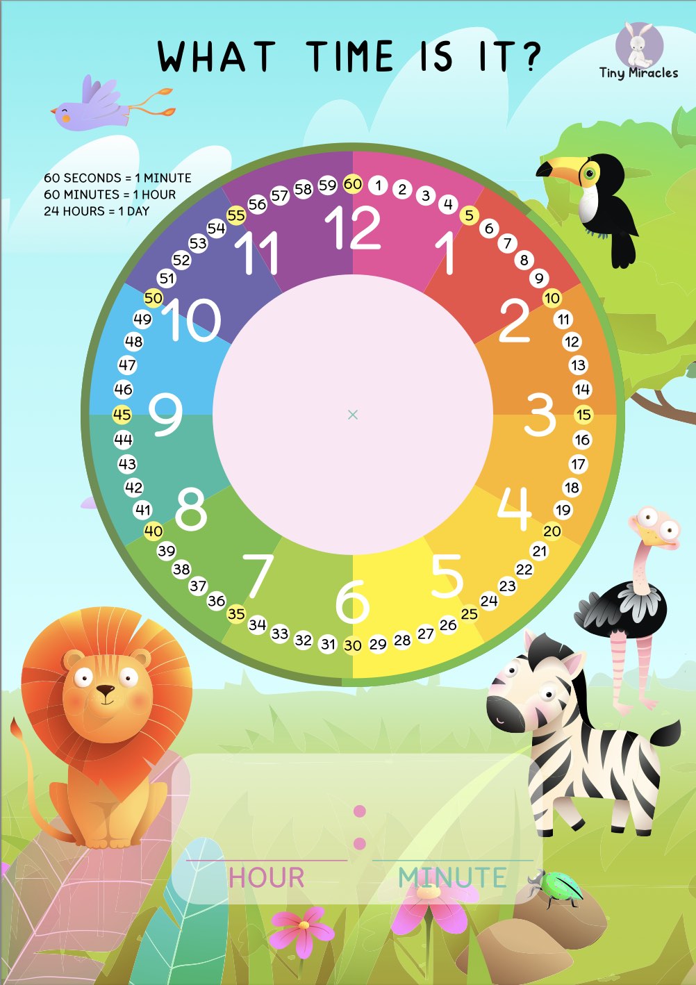 Tell Time Safari theme clock/ colorful clock with animal illustrations 