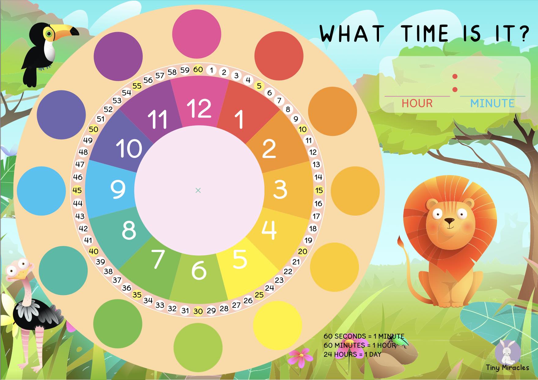 A4 Clock with Velcro Min Aid with theme | Tell Time Activity