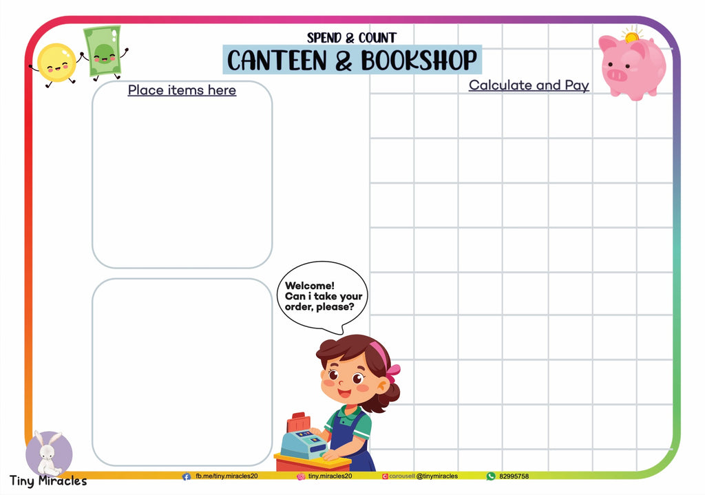 Play Pretend Canteen and Bookshop set (Counting Money Learning Activity) (With Grid box)