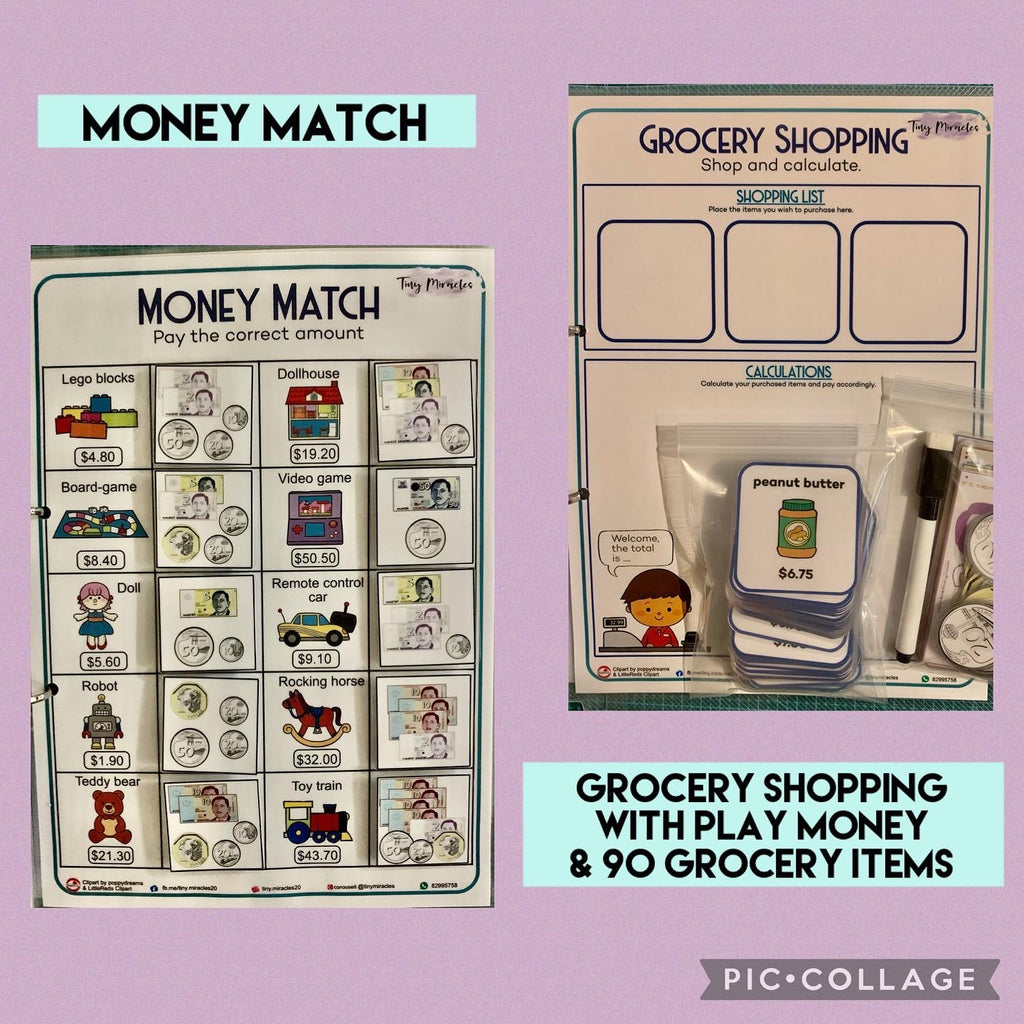 Educational materials for money matching and grocery shopping with play money 