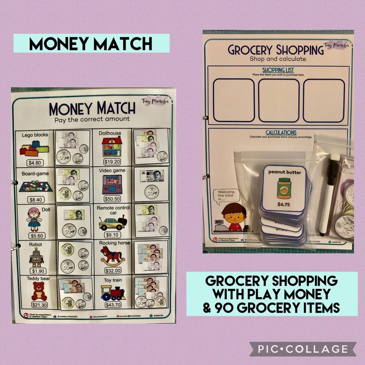 Educational materials for money matching and grocery shopping with play money 