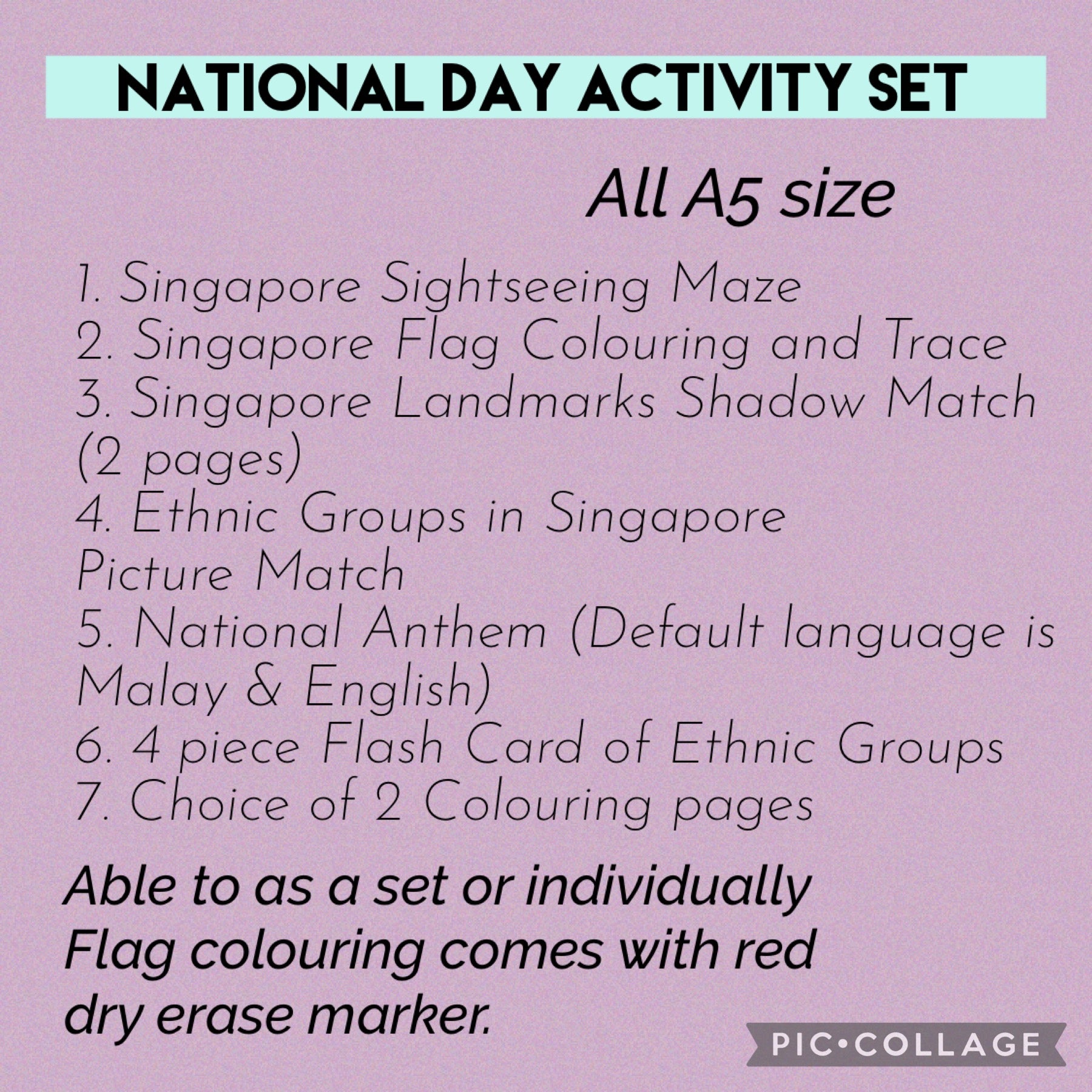 Singapore National Day Activity Set (A5 or A4)