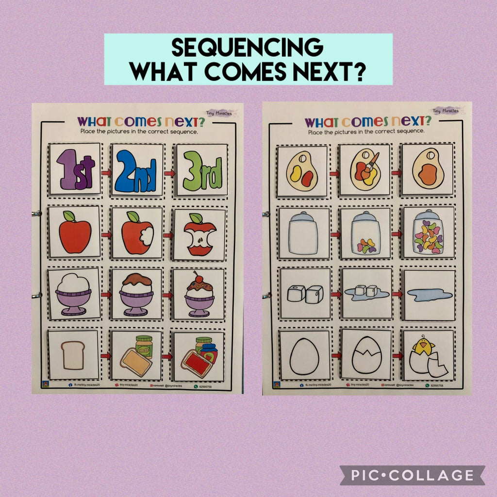 Two educational worksheets titled 'What Comes Next?' sequencing