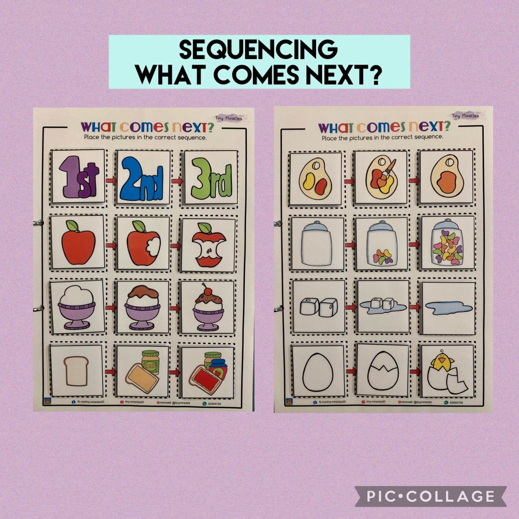 Two educational worksheets titled 'What Comes Next?' sequencing
