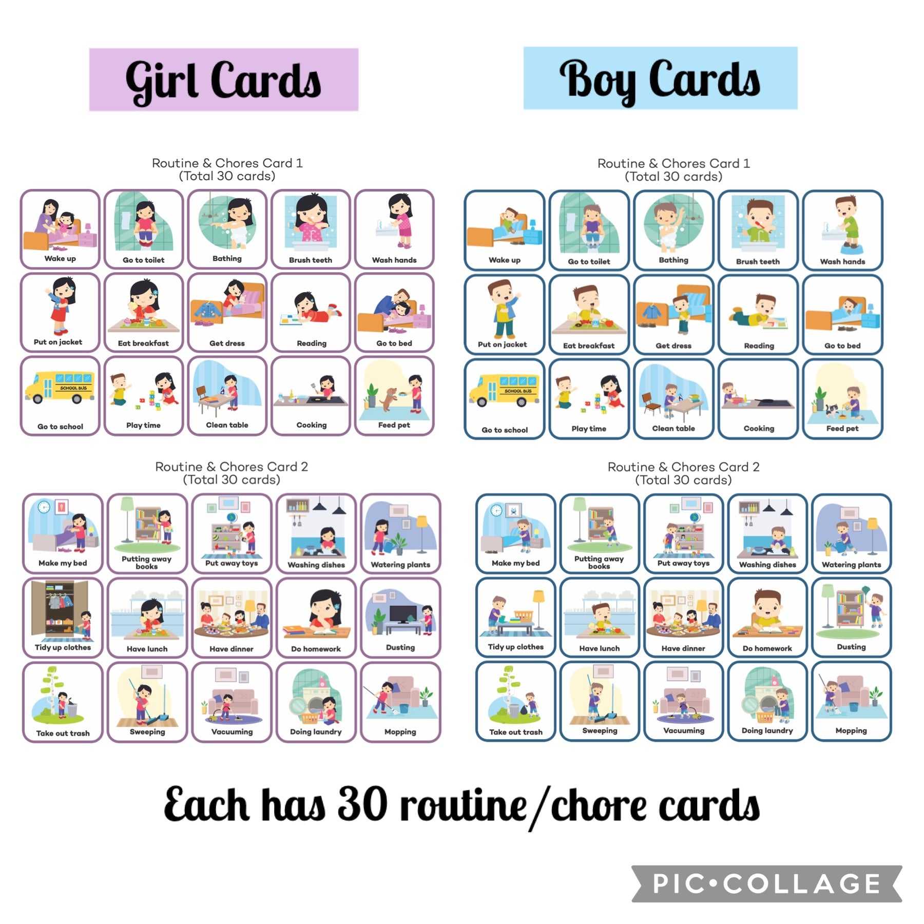 Routine and chore cards for girls and boys with illustrations 
