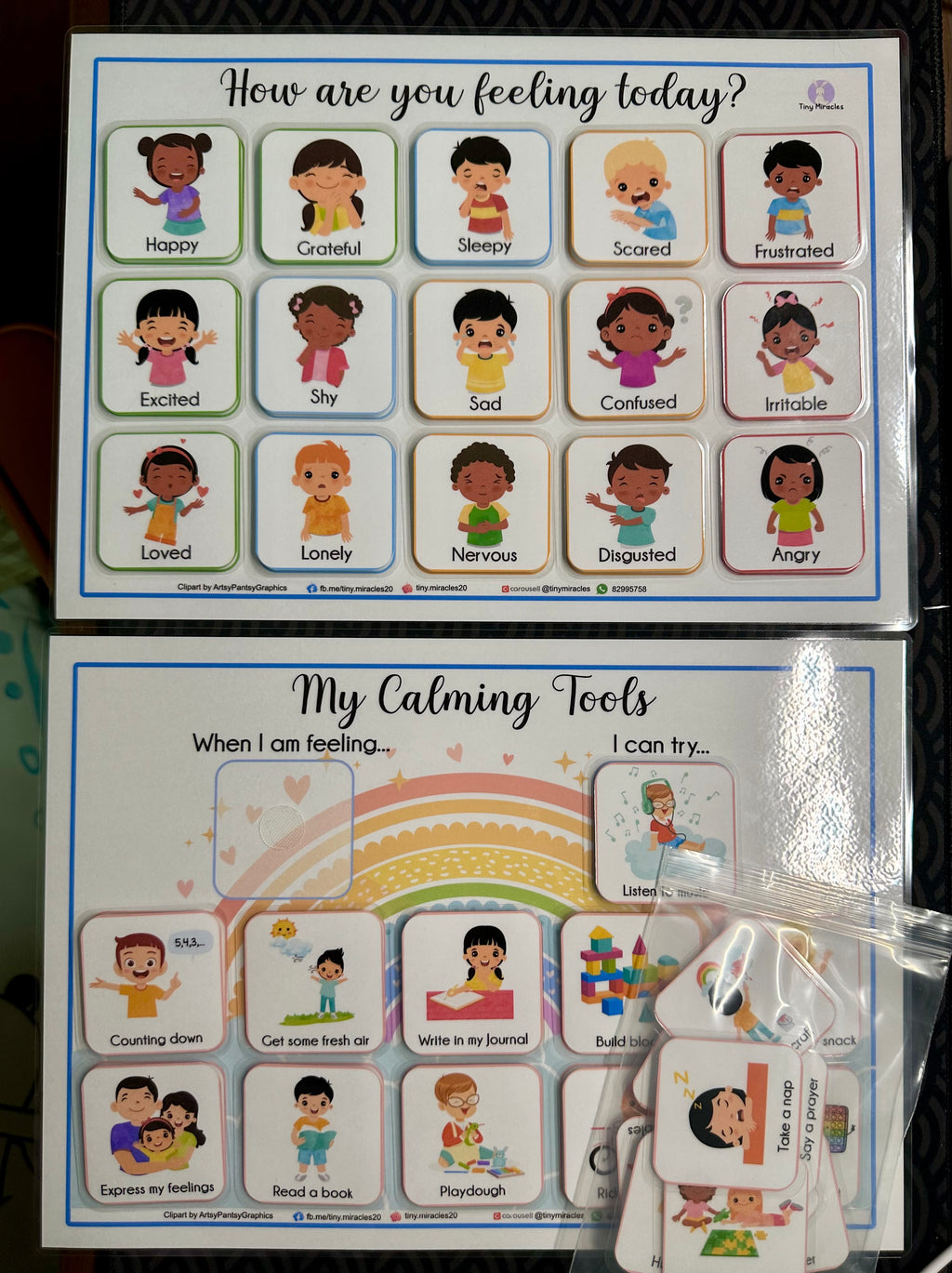 Emotional regulation tools with icons and text for self-assessment and coping strategies.