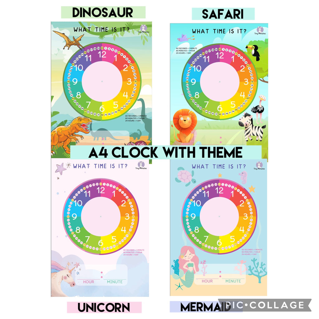 4 educational clocks with unicorn, mermaid, dinosaur and safari themes 