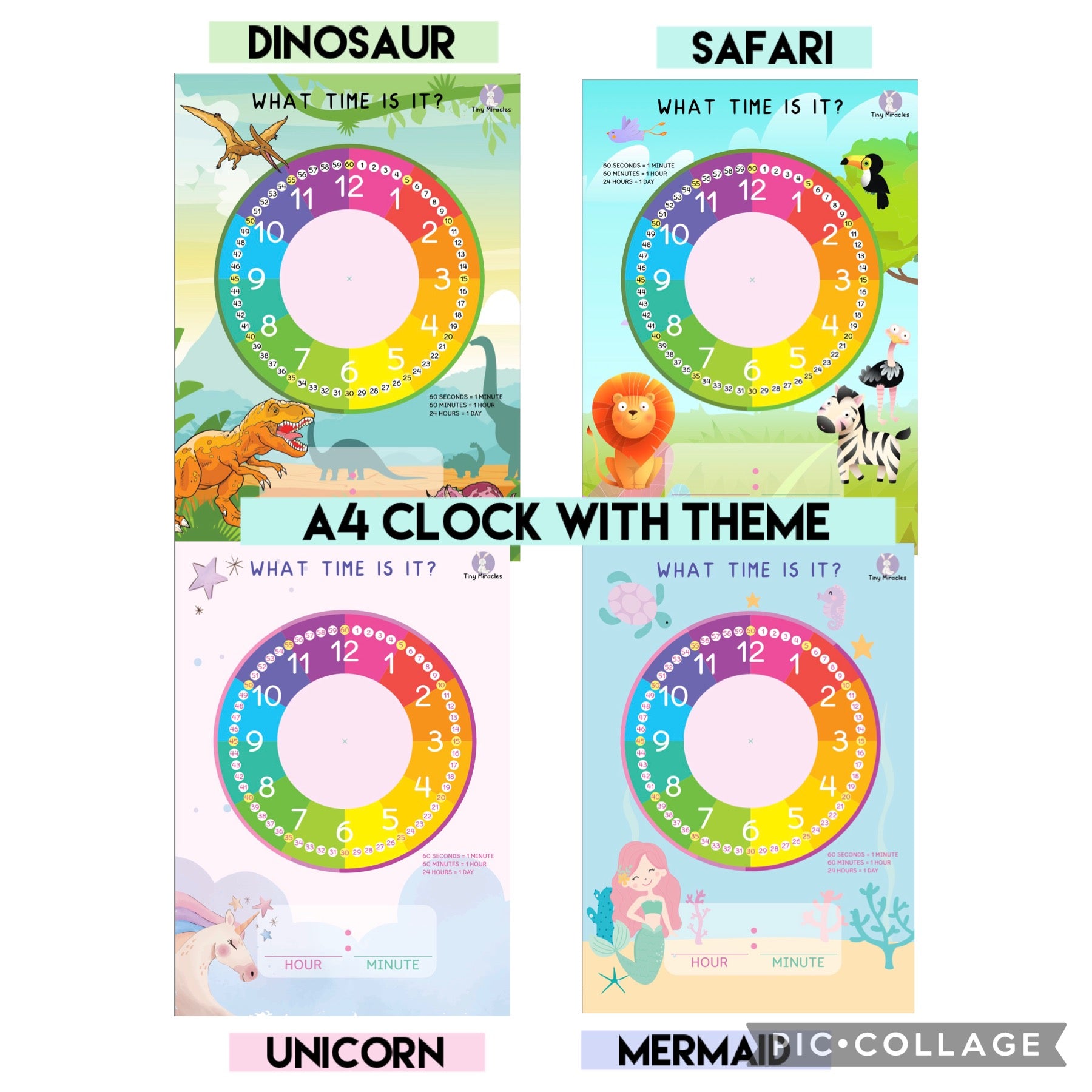 4 educational clocks with unicorn, mermaid, dinosaur and safari themes 