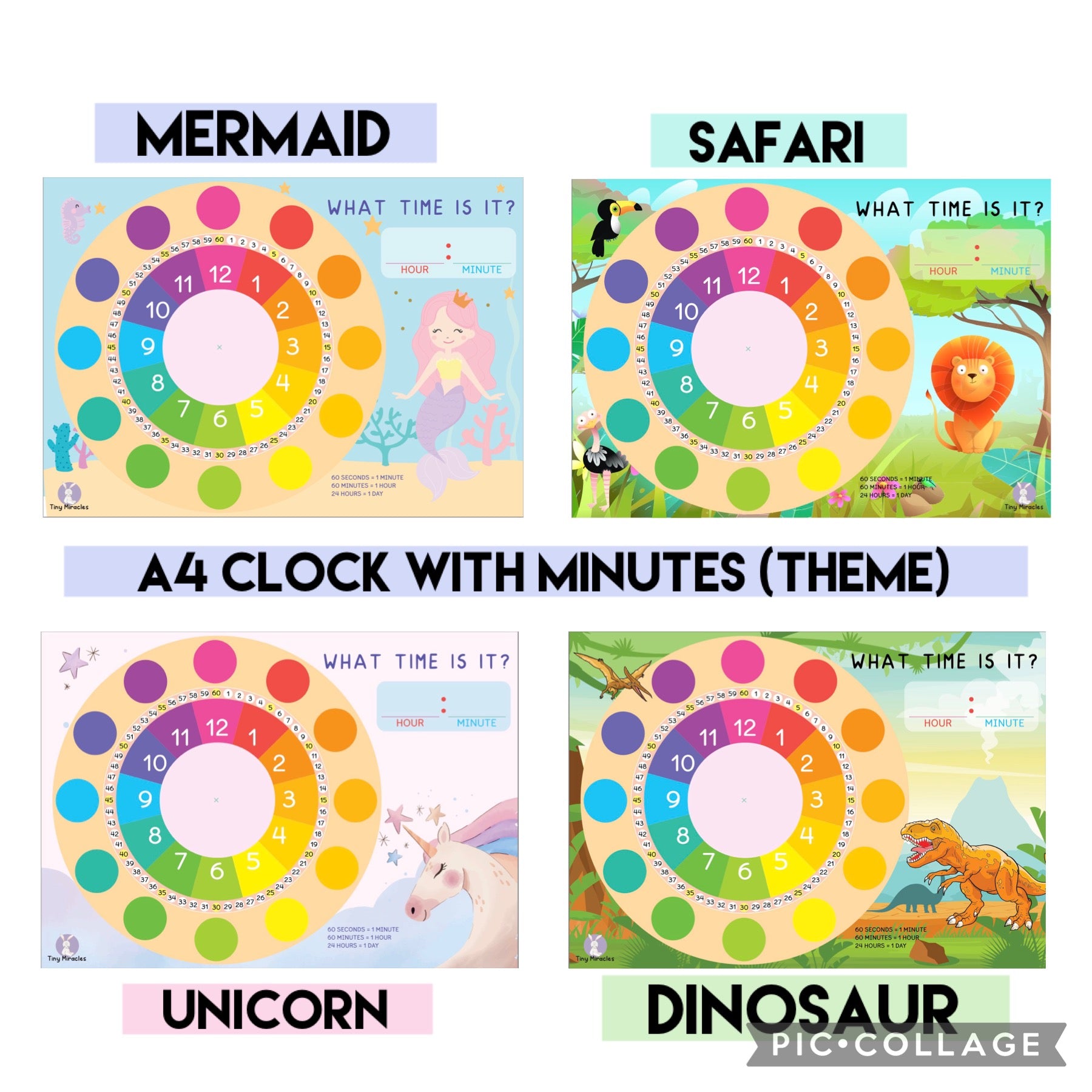 A4 Clock with Velcro Min Aid with theme | Tell Time Activity