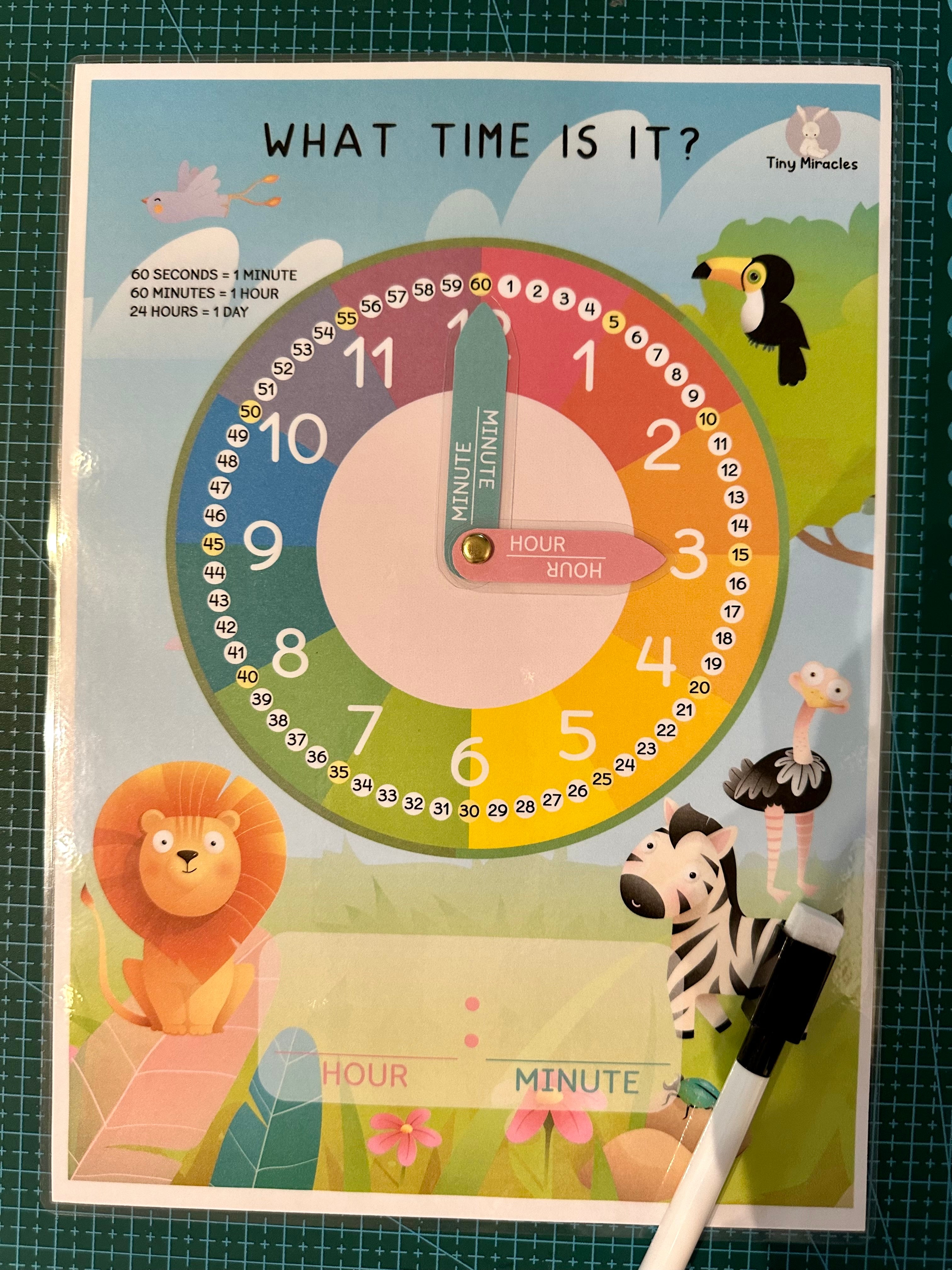 Children's educational clock with animal illustrations on a colorful background