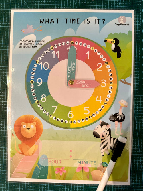 Children's educational clock with animal illustrations on a colorful background