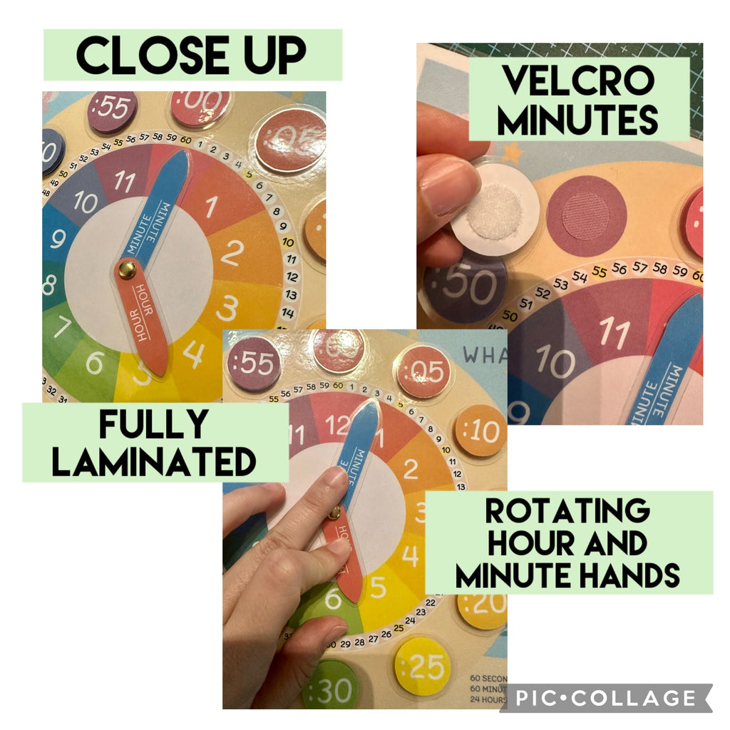 Colorful educational clock with Velcro minutes, rotating hour and minute hands, fully laminated, held by a hand.