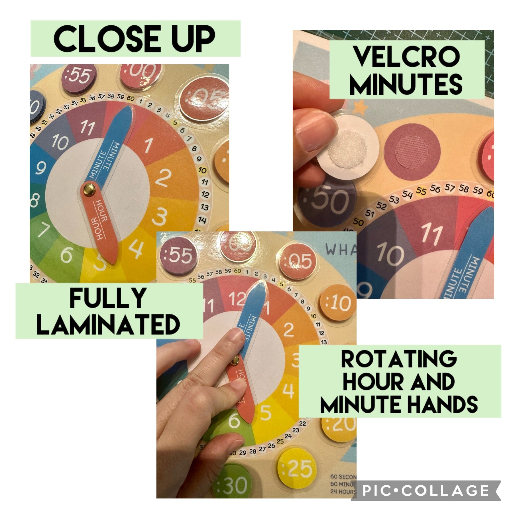 Colorful educational clock with Velcro minutes, rotating hour and minute hands, fully laminated, held by a hand.
