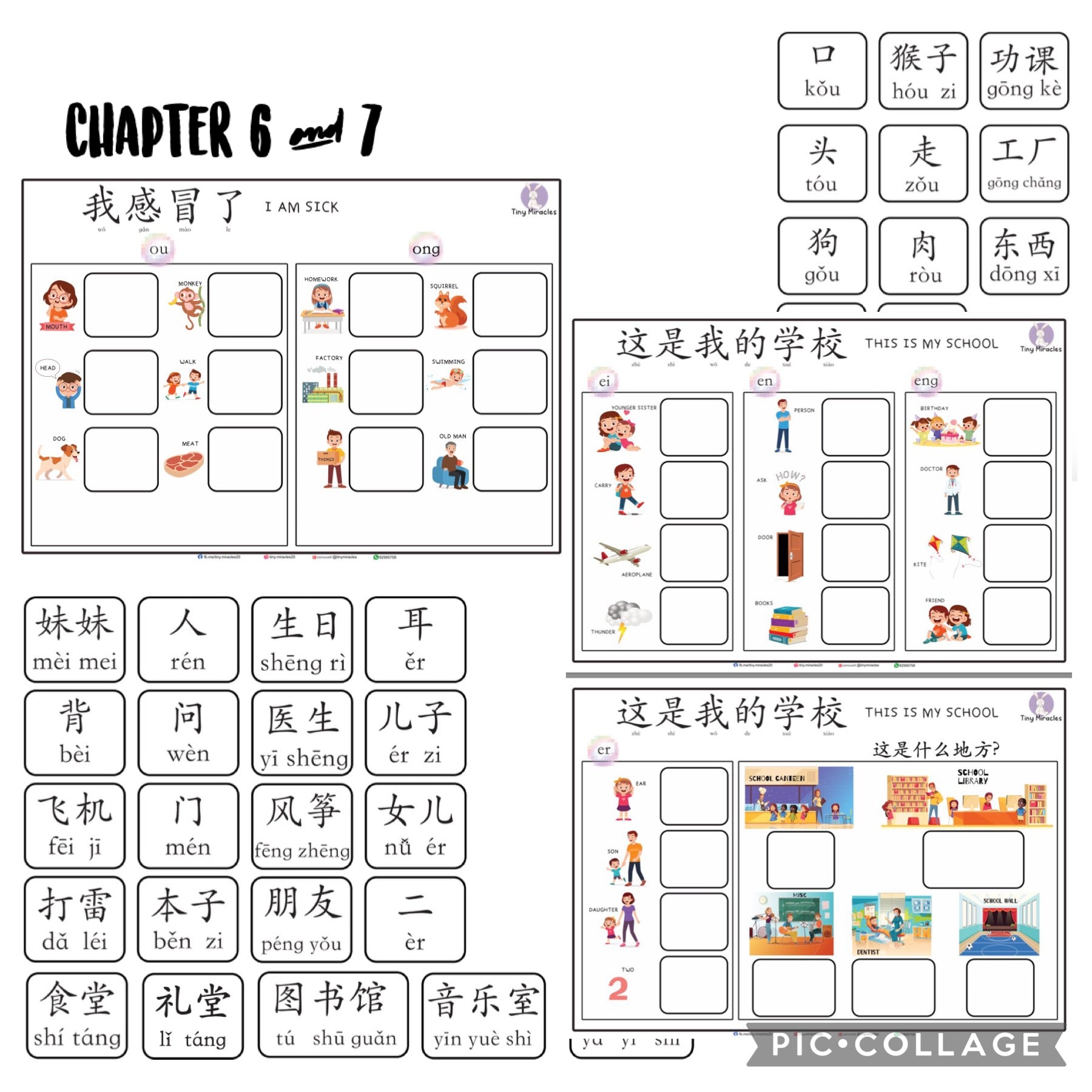 Educational worksheet with Chinese characters and illustrations for learning.