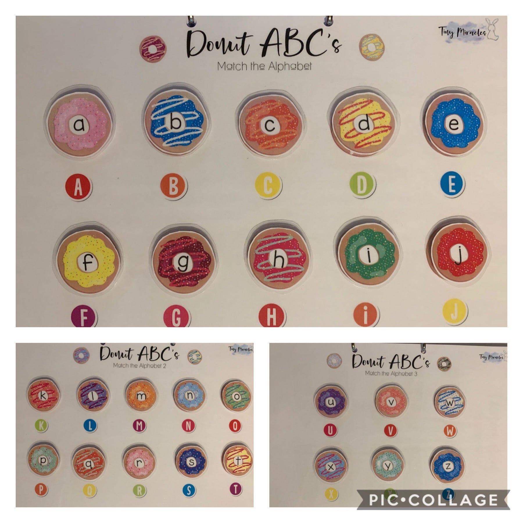 Set of colorful donut-shaped alphabet letters on a matching game board.