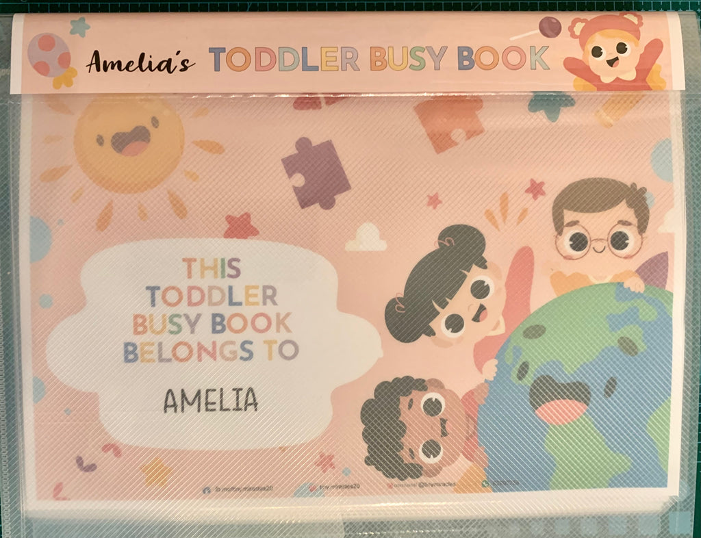 Toddler busy book with colorful illustrations and personalized name 