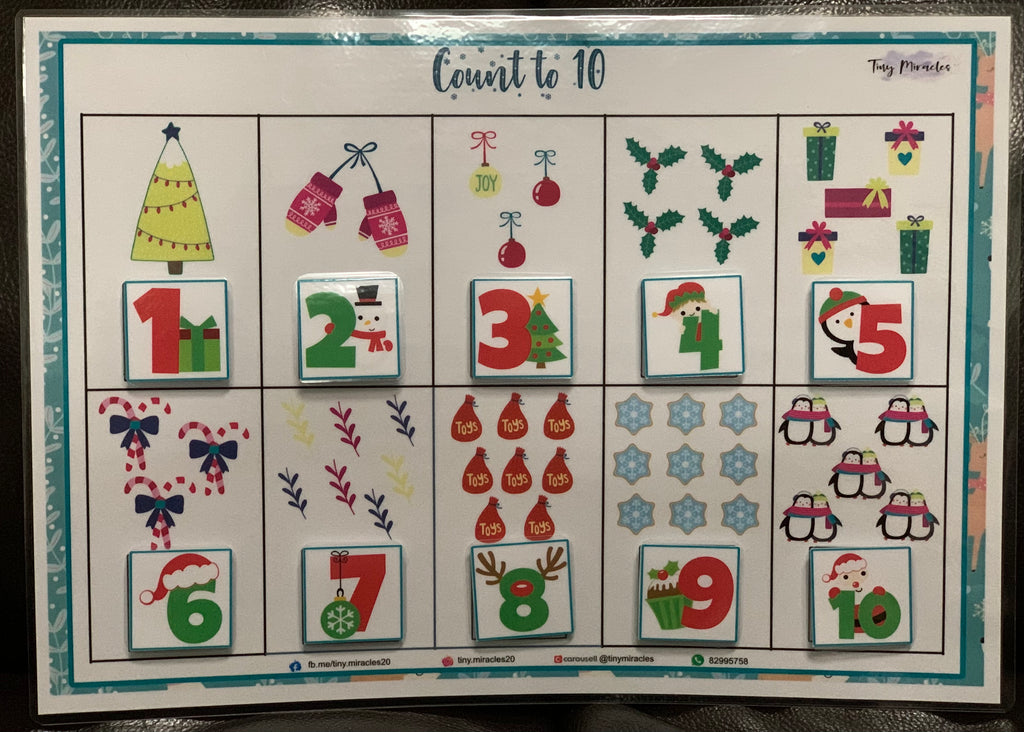 Educational chart with numbers 1 to 10 and corresponding Christmas-themed illustrations on a white background.