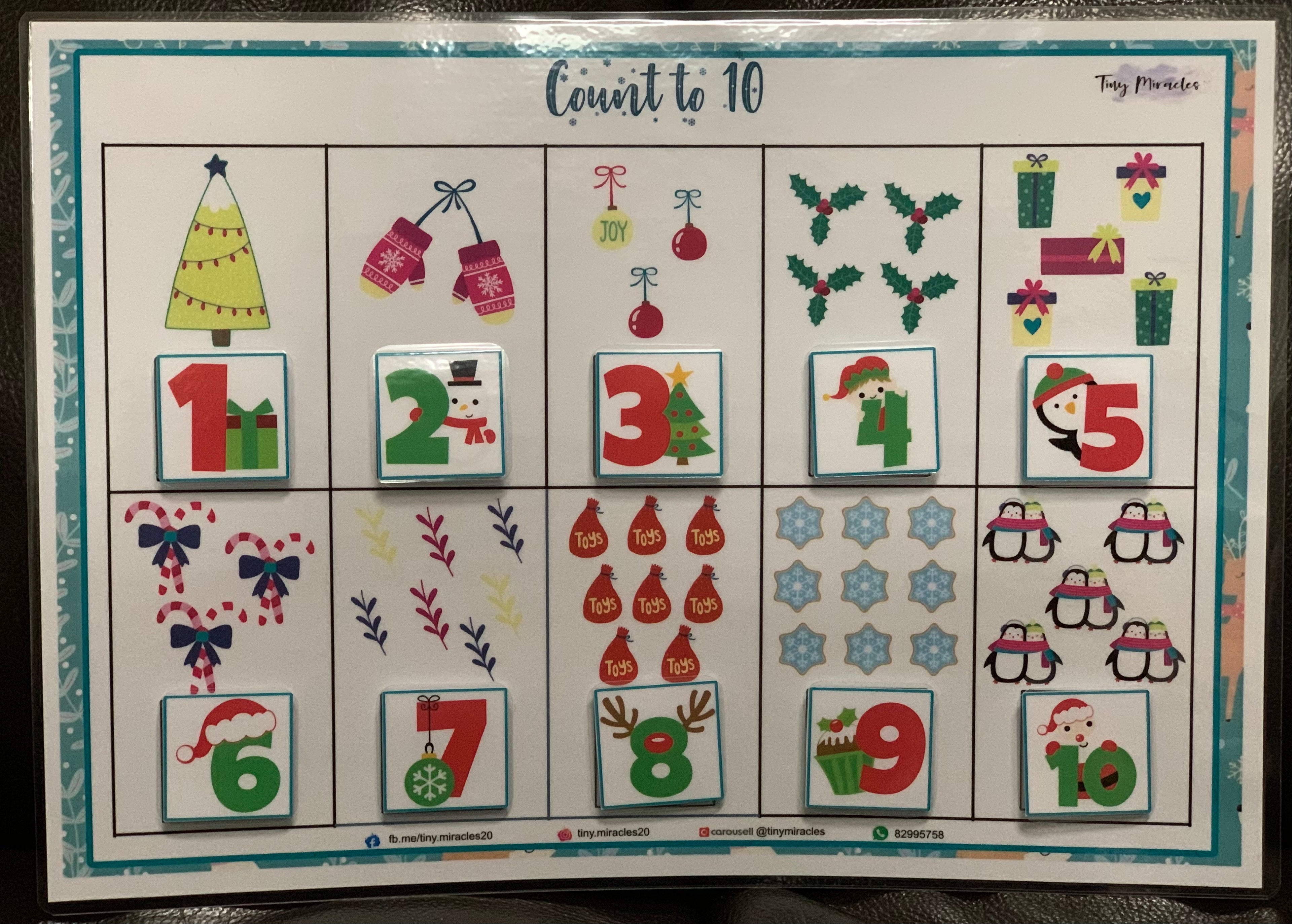 Educational chart with numbers 1 to 10 and corresponding Christmas-themed illustrations on a white background.
