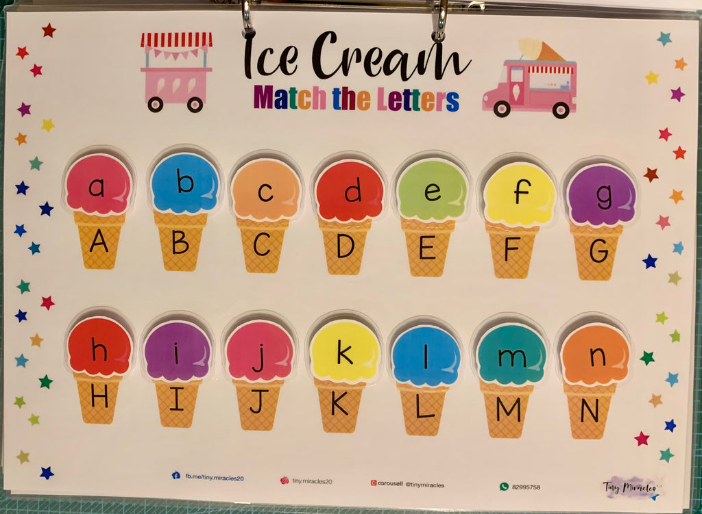 Educational children's game with ice cream cones matching letters on a colorful background