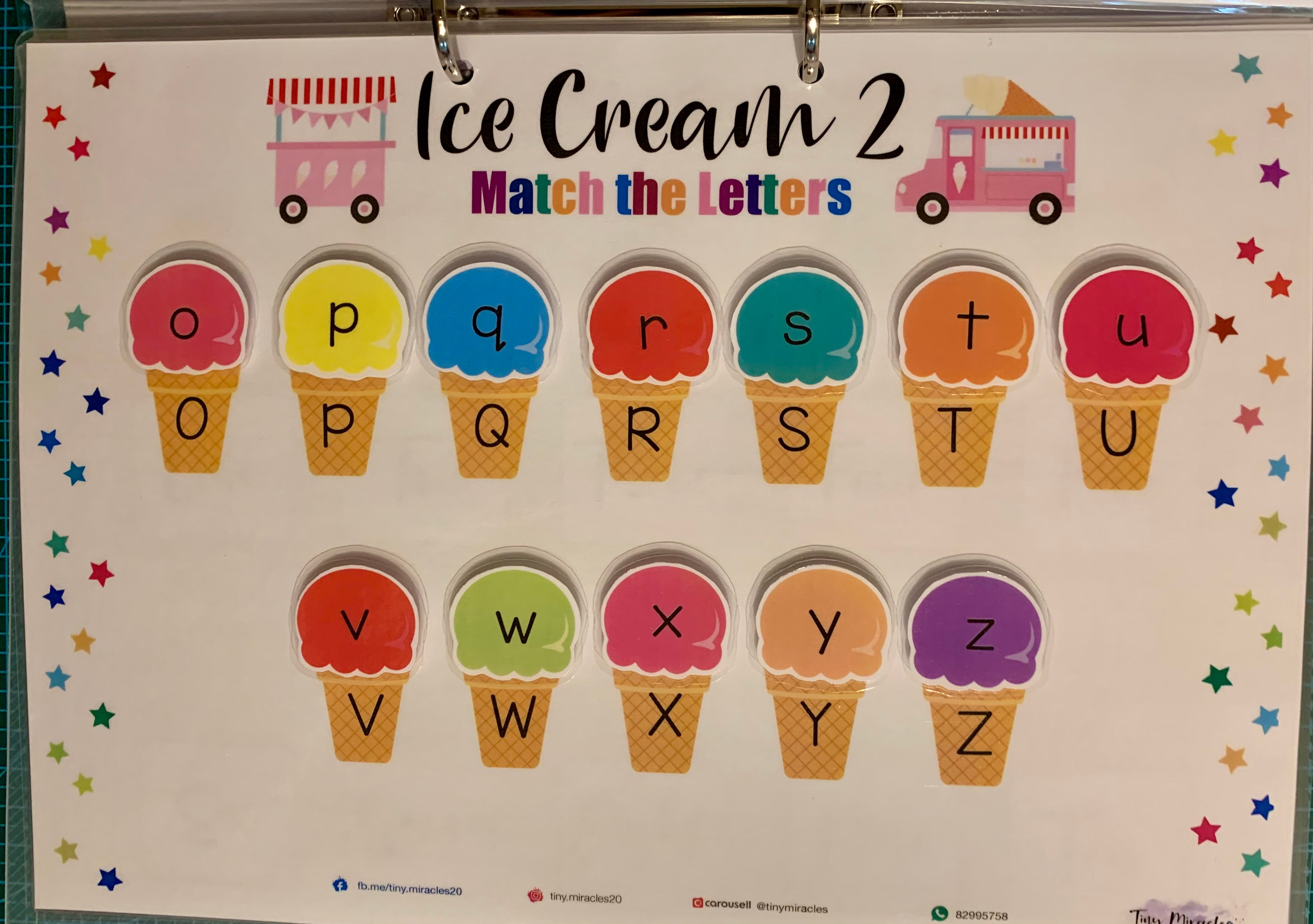 Educational children's activity sheet with ice cream-themed letter matching game.