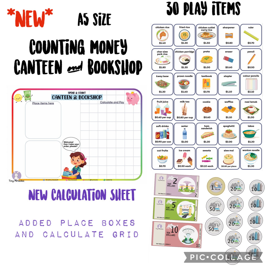Play Pretend Canteen and Bookshop set (Counting Money Learning Activity) (With Grid box)