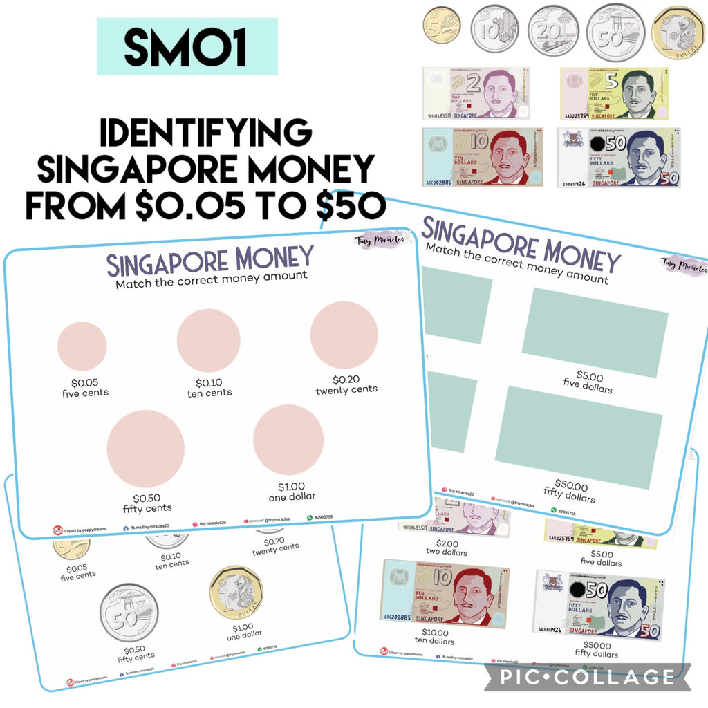 Educational material for identifying Singapore money from $0.05 to $50 dollars, including coins and banknotes.
