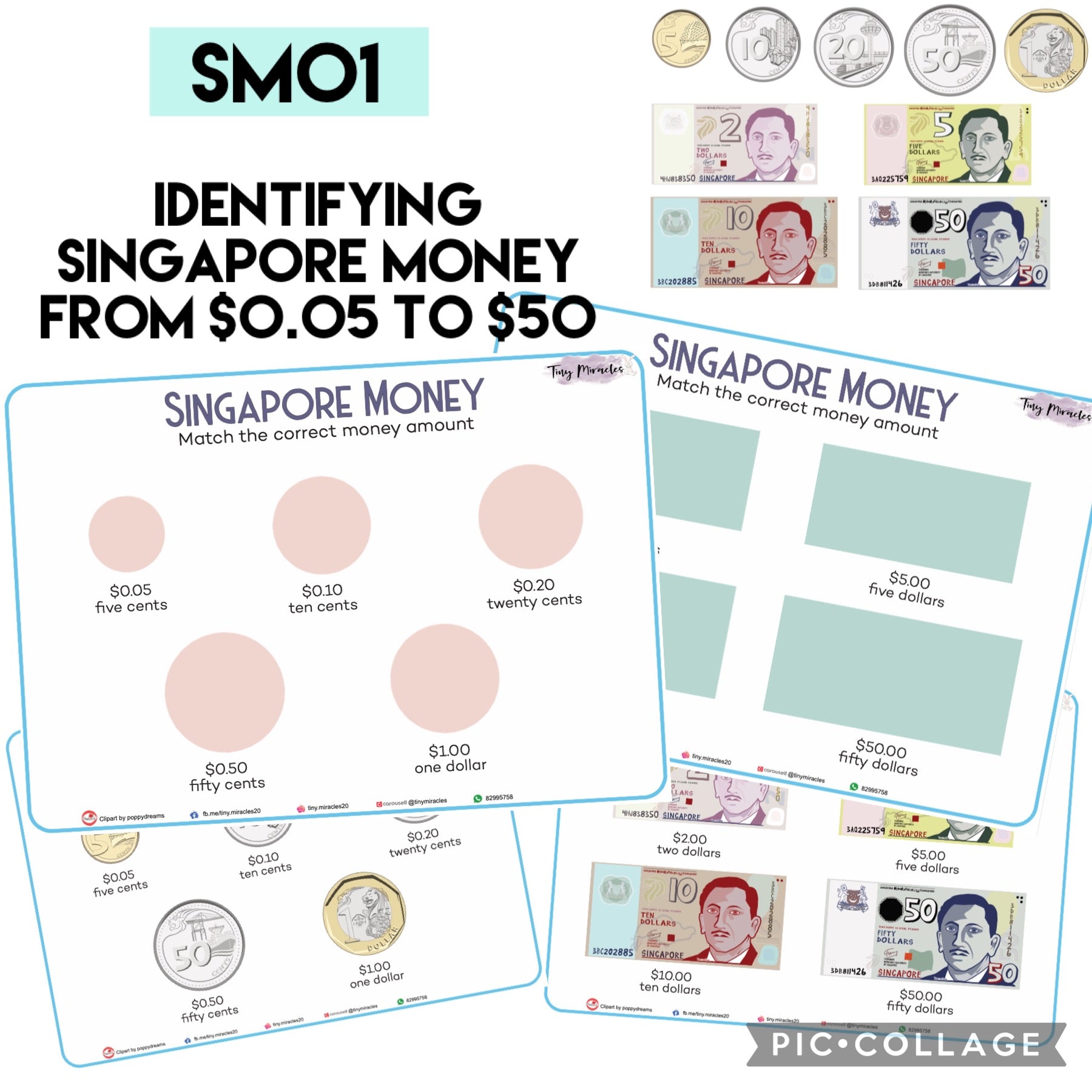 Educational material for identifying Singapore money from $0.05 to $50 dollars, including coins and banknotes.