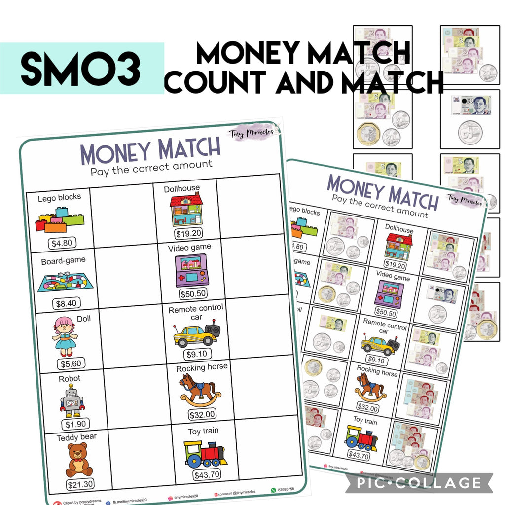 Educational money matching worksheet for children with various toys and prices.