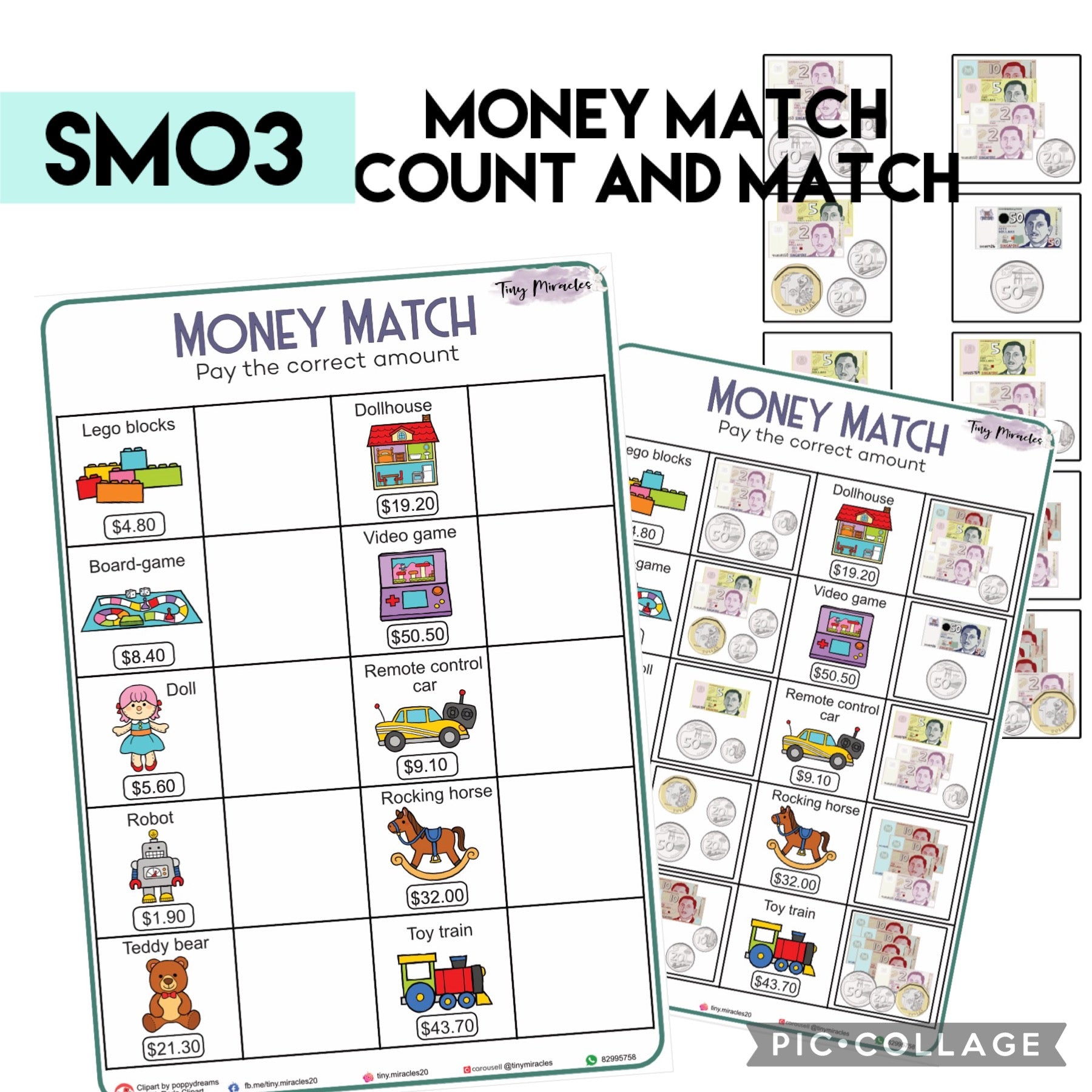 Educational money matching worksheet for children with various toys and prices.