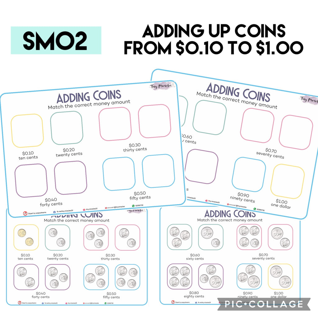 Educational worksheet for adding up coins from $0.10 to $1.00 with coin illustrations.