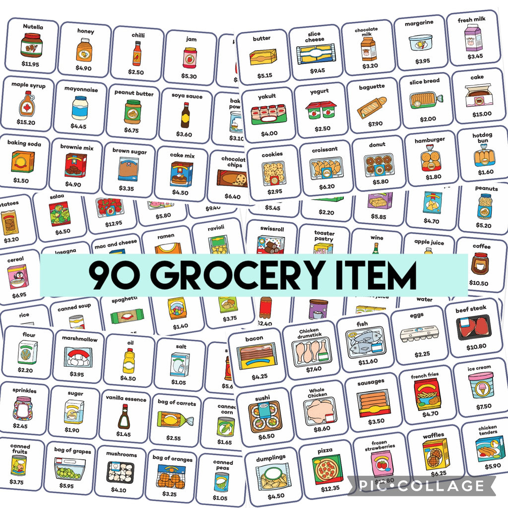 90 grocery item labels with prices 