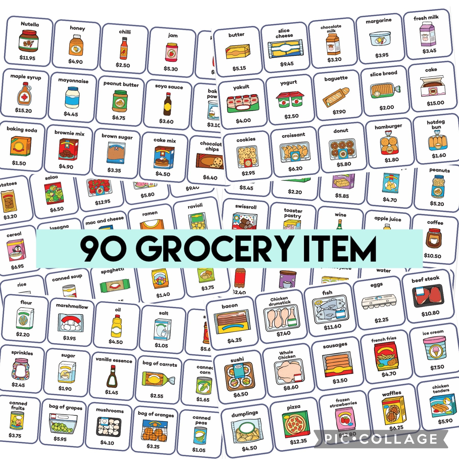 90 grocery item labels with prices 