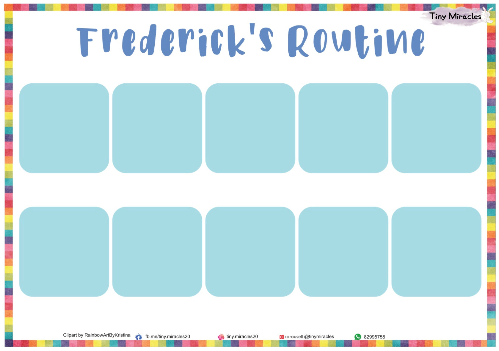 Personalised Routine chart titled 'Frederick's Routine' with blue squares and a colorful border.