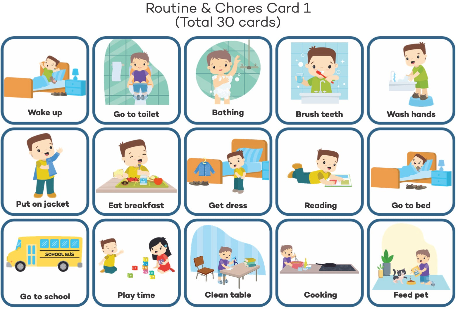 Educational card with illustrations of daily routine activities for boy.
