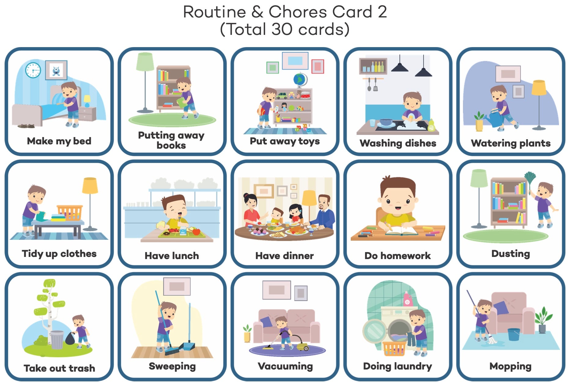 Set of 15 illustrated cards showing daily routines and chores with boy.