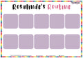 Personalised Routine chart for Rosalinde with a colorful border and purple squares.