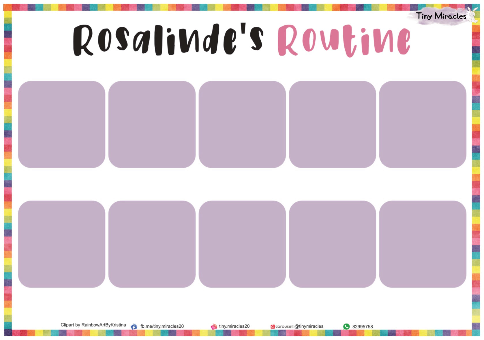 Personalised Routine chart for Rosalinde with a colorful border and purple squares.