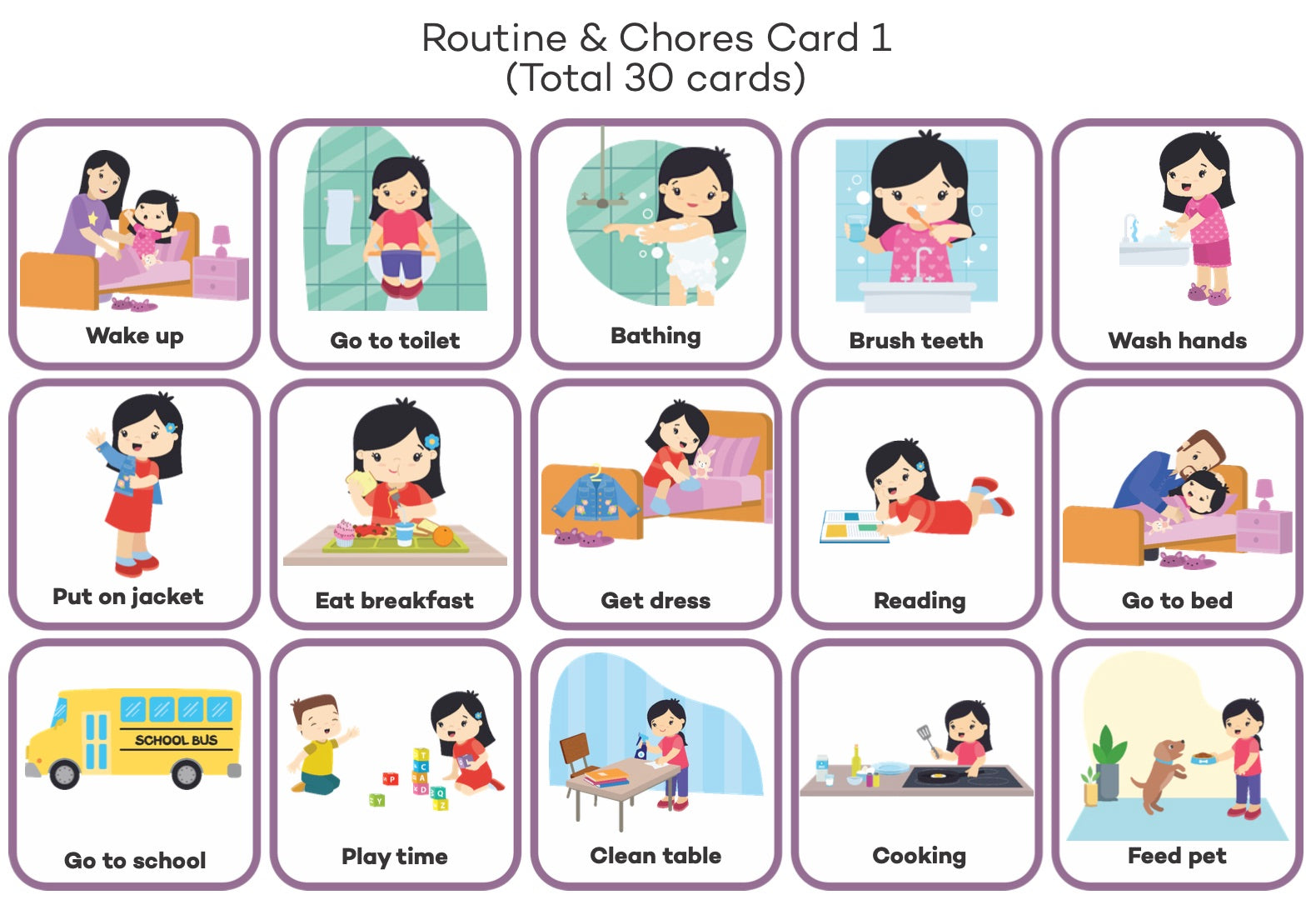 Set of cards with illustrations of daily routine activities for girl.