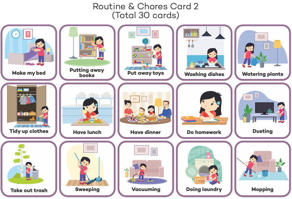 Card with illustrations of daily routine and chores for girl, including making bed, putting away books, etc.