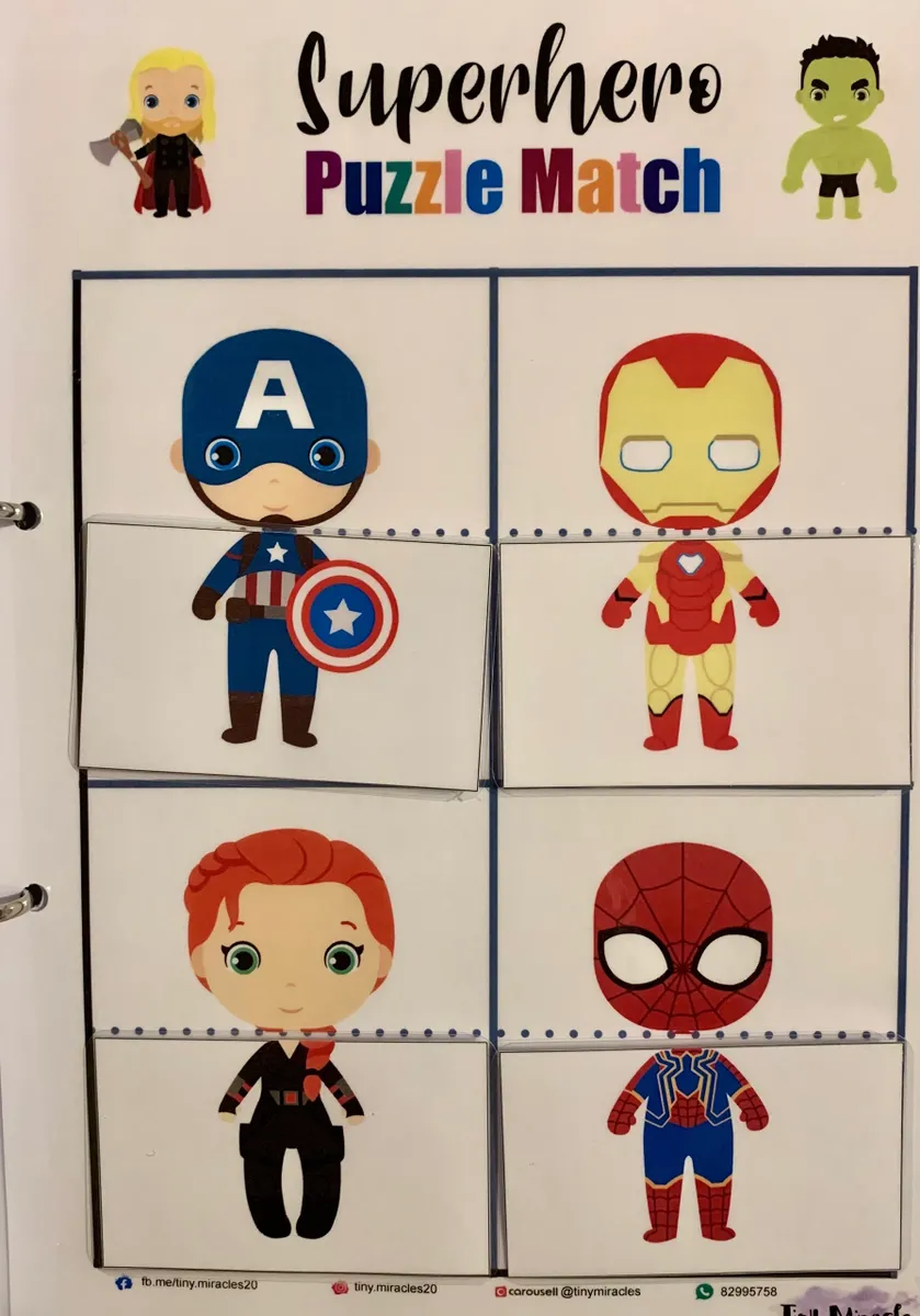 Superhero puzzle match game with cartoon characters on a white background