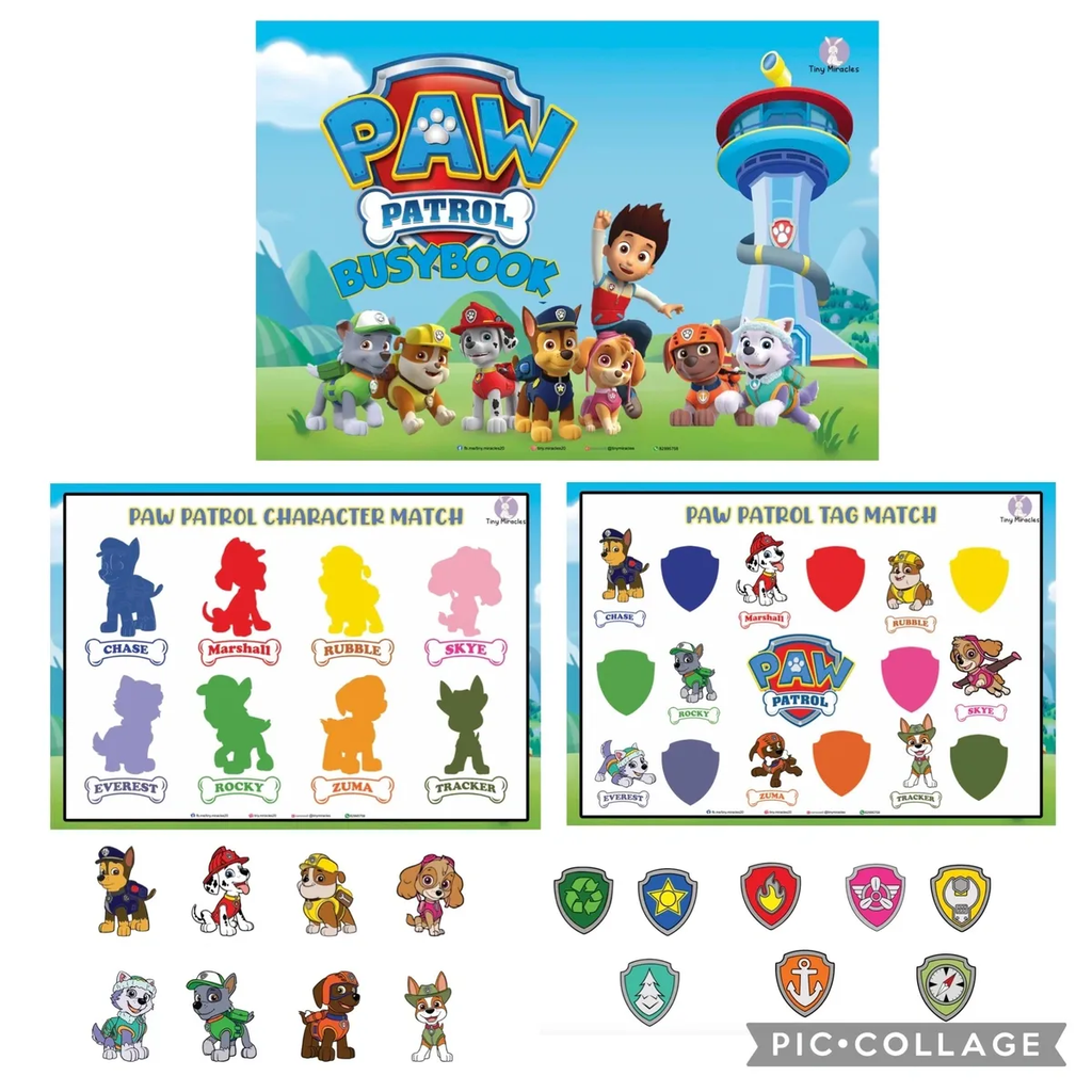 Paw Patrol Busy Book with character match and tag match activities on a white background.