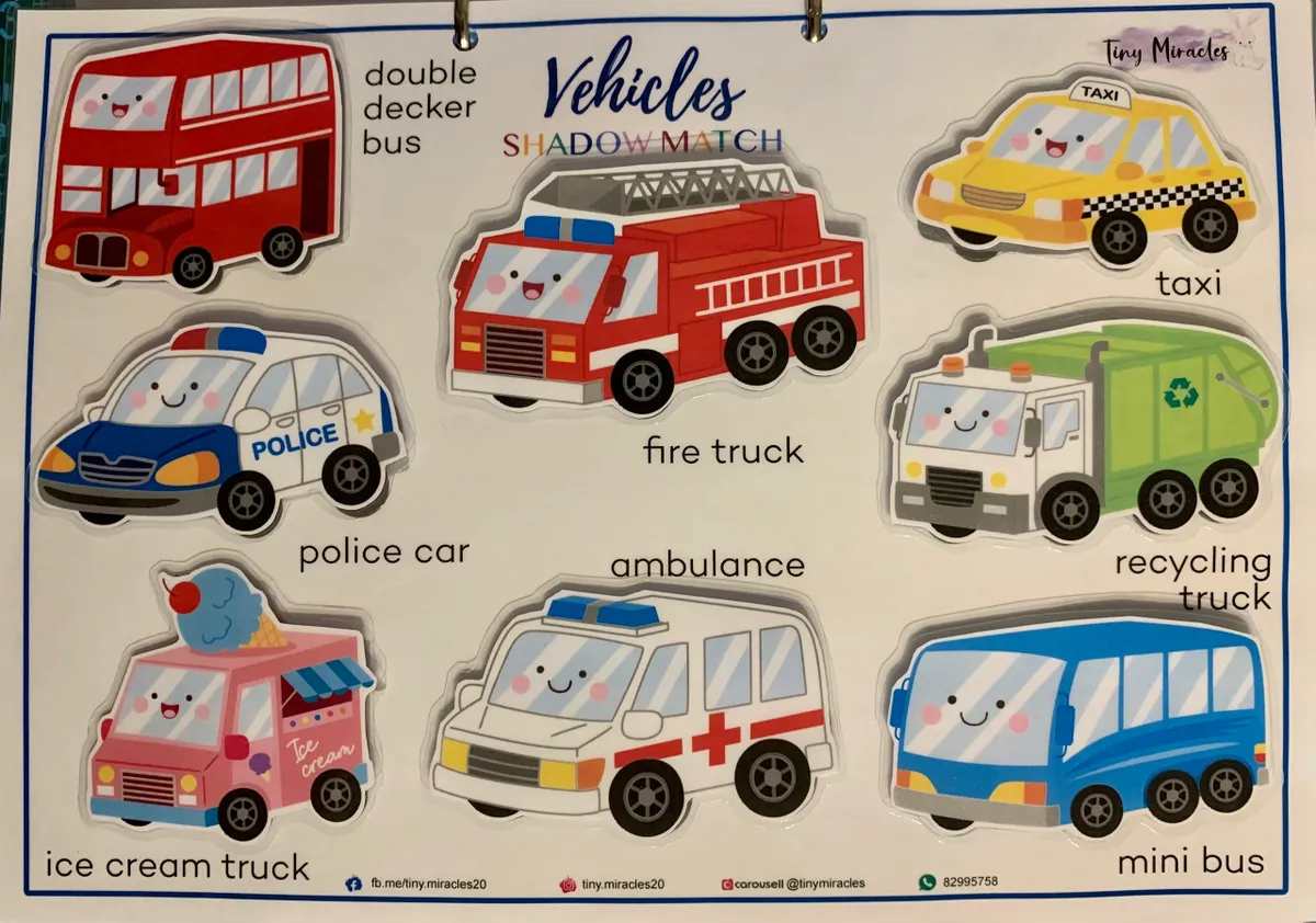 Children's puzzle with cartoon vehicles and their names on a white background