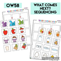 Sequencing activity sheets titled 'What Comes Next?' with numbered pictures and food-themed illustrations.