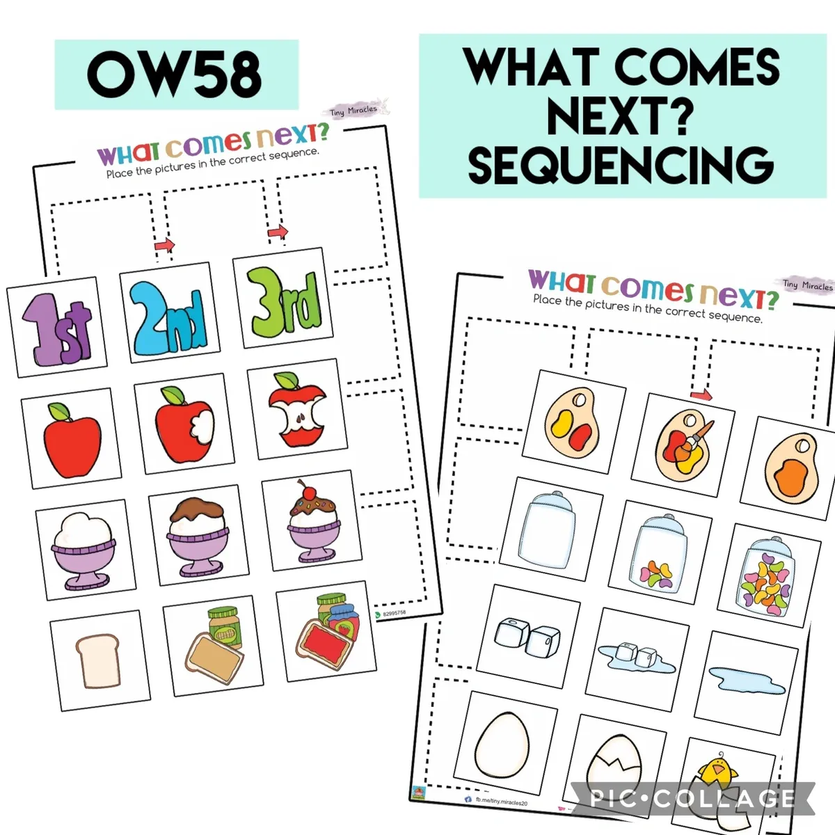 Sequencing activity sheets titled 'What Comes Next?' with numbered pictures and food-themed illustrations.