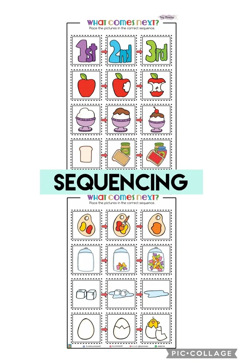 Sequencing activity sheets with colorful illustrations and text on a white background.