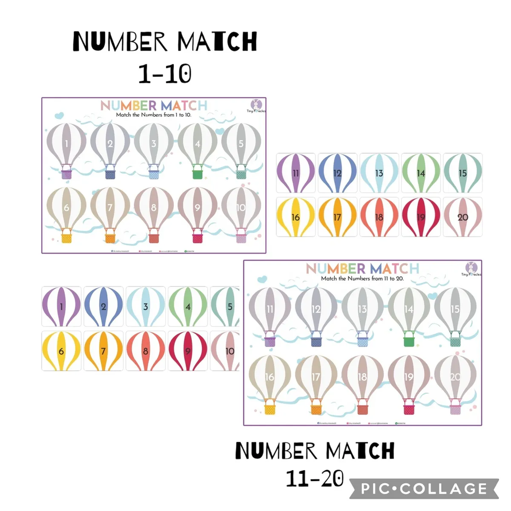 Colorful hot air balloon number match activity sheets for numbers 1-20 on a white background.