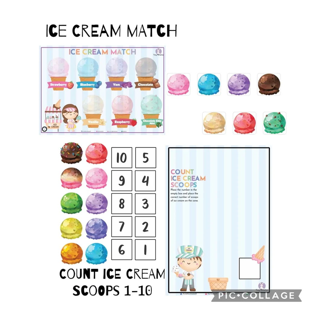 Ice cream-themed educational game with colorful ice cream scoops and numbers.