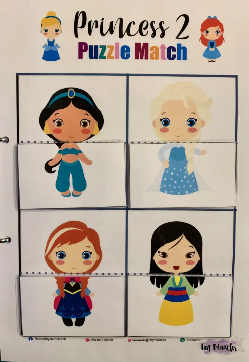 Princess-themed puzzle match game with cartoon princesses on a white background