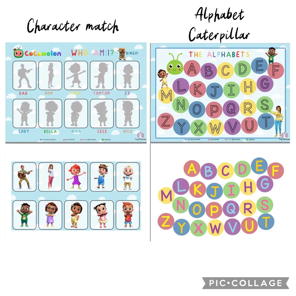 Educational materials for children with character matching and alphabet learning.